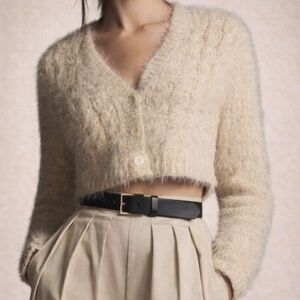 Anthropologie Eyelash Cropped Cardigan Sweater Cotton Blend Cream Womens Medium